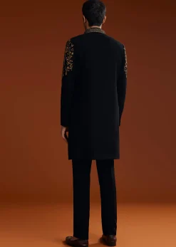 Black Suiting Indo Jacket Set With Zardosi Floral Embroidery
