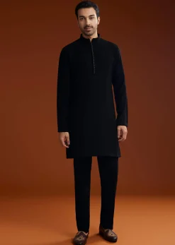 Black Suiting Indo Jacket Set With Zardosi Floral Embroidery