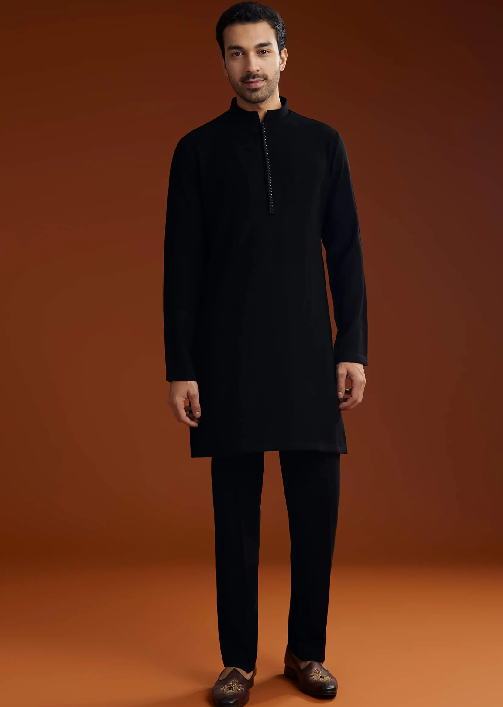 Black Suiting Indo Jacket Set With Zardosi Floral Embroidery