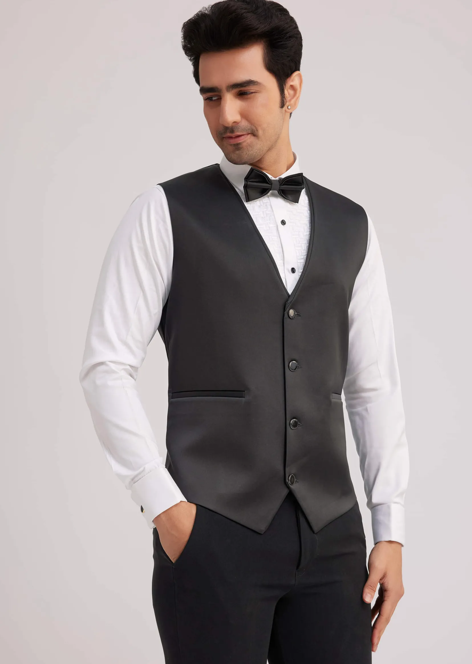 Black Suiting Tuxedo With Metallic Chain And Stone Work