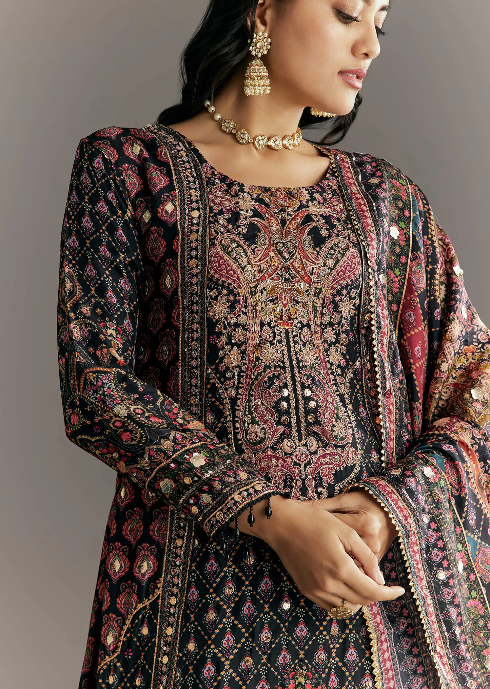 Black Tabby Silk Zari Embroidered Kurta Palazzo With Printed Dupatta