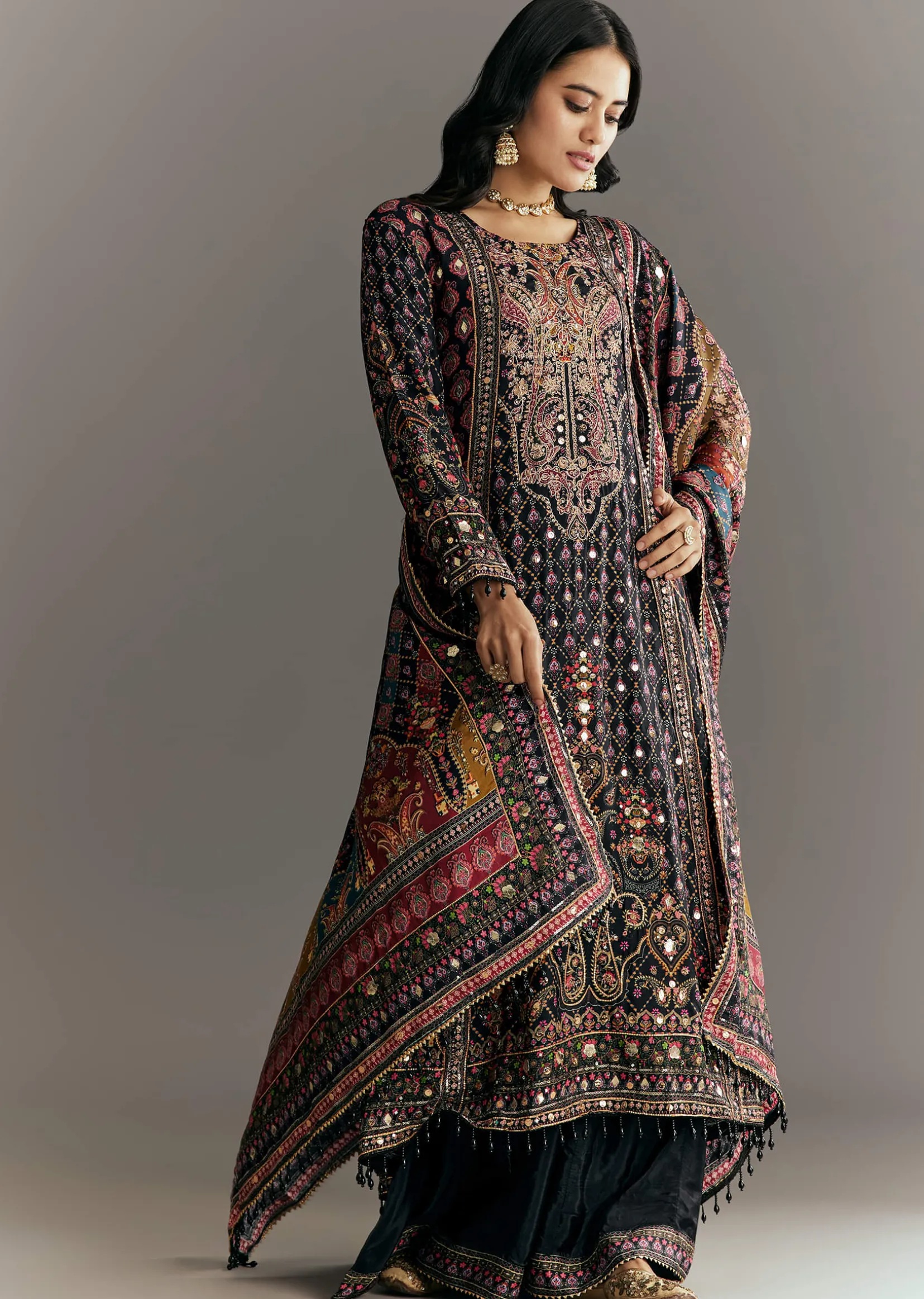 Black Tabby Silk Zari Embroidered Kurta Palazzo With Printed Dupatta