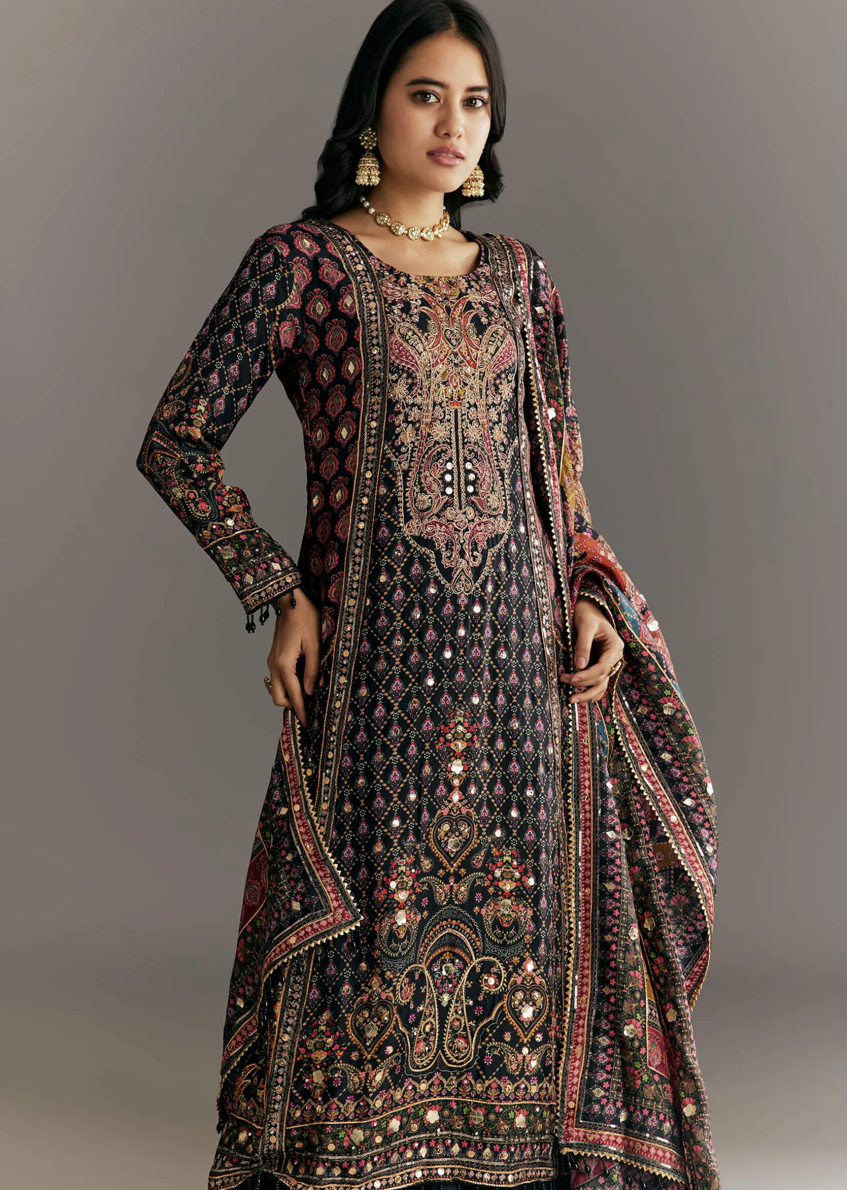 Black Tabby Silk Zari Embroidered Kurta Palazzo With Printed Dupatta