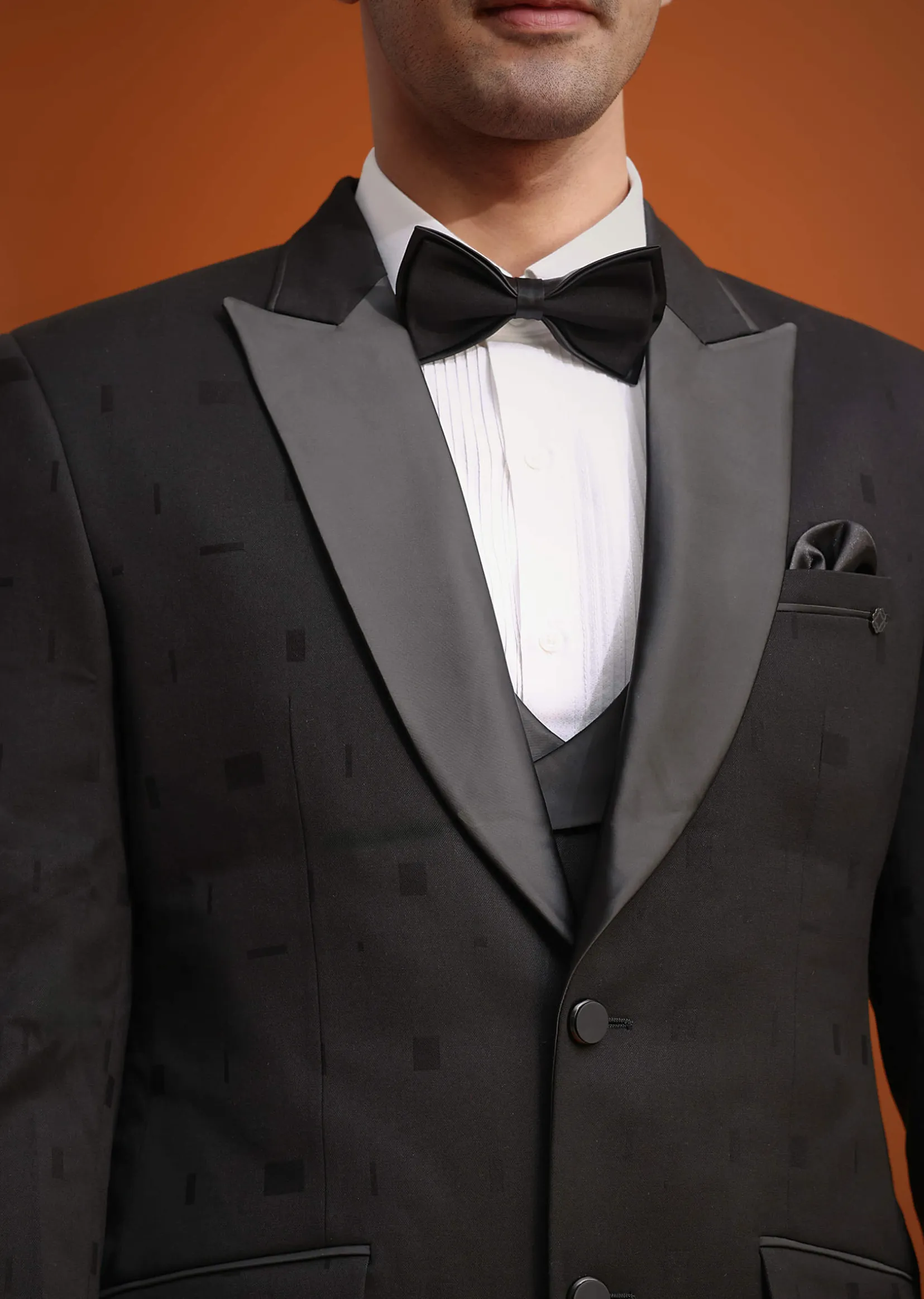 Black Terry Rayon Tuxedo Waistcoat And Pant Set