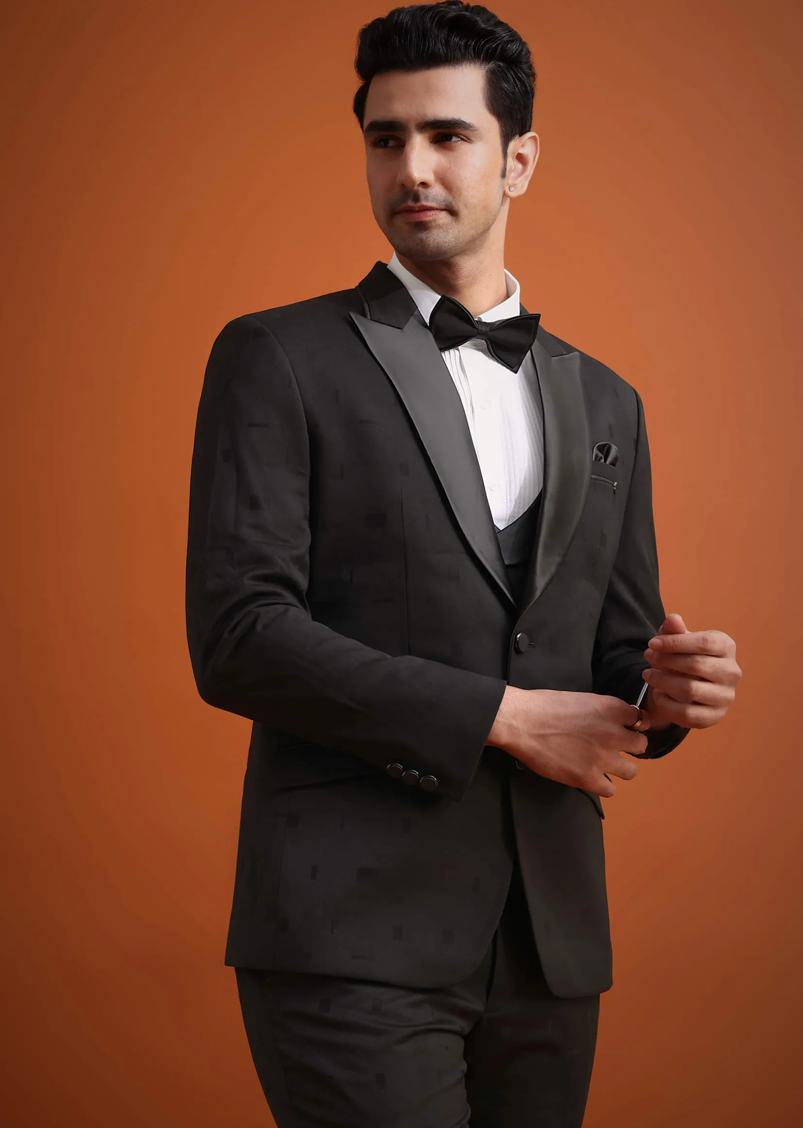 Black Terry Rayon Tuxedo Waistcoat And Pant Set