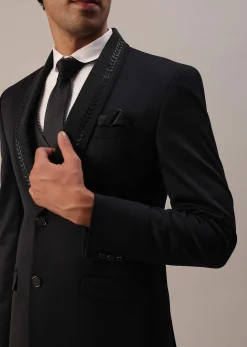 Black Terry Rayon Tuxedo Set With Cut Work Embroidery
