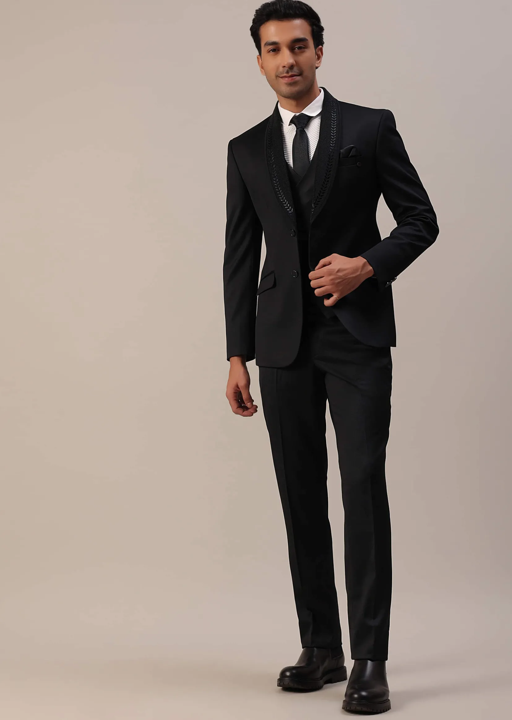 Black Terry Rayon Tuxedo Set With Cut Work Embroidery