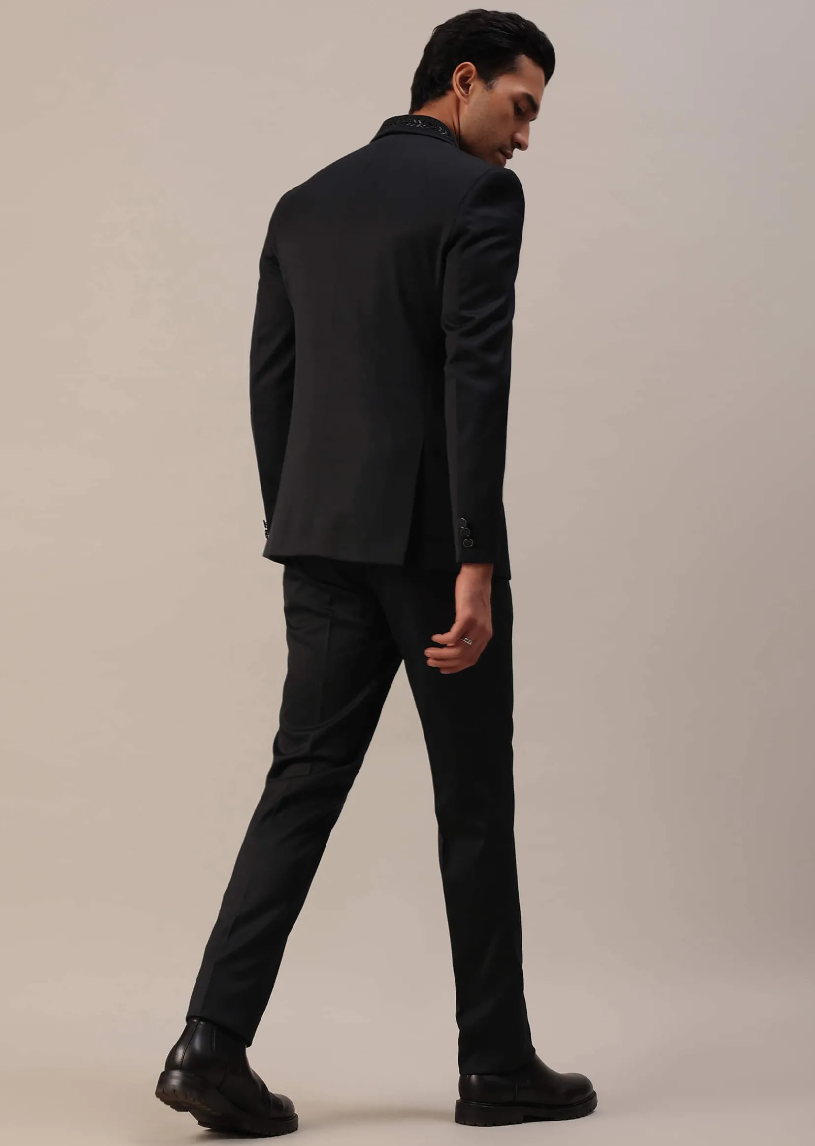 Black Terry Rayon Tuxedo Set With Cut Work Embroidery