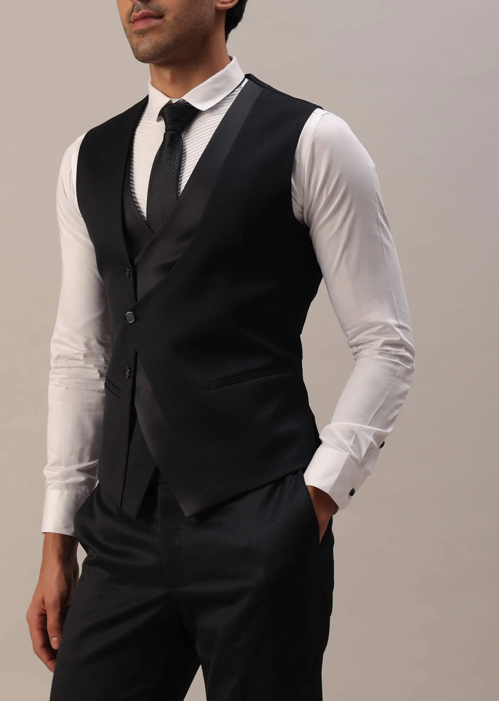 Black Terry Rayon Tuxedo Set With Cut Work Embroidery