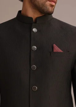 Black Textured Sherwani Set With Mandarin Collar