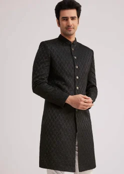 Black Textured Sherwani With Classic Button Detailing