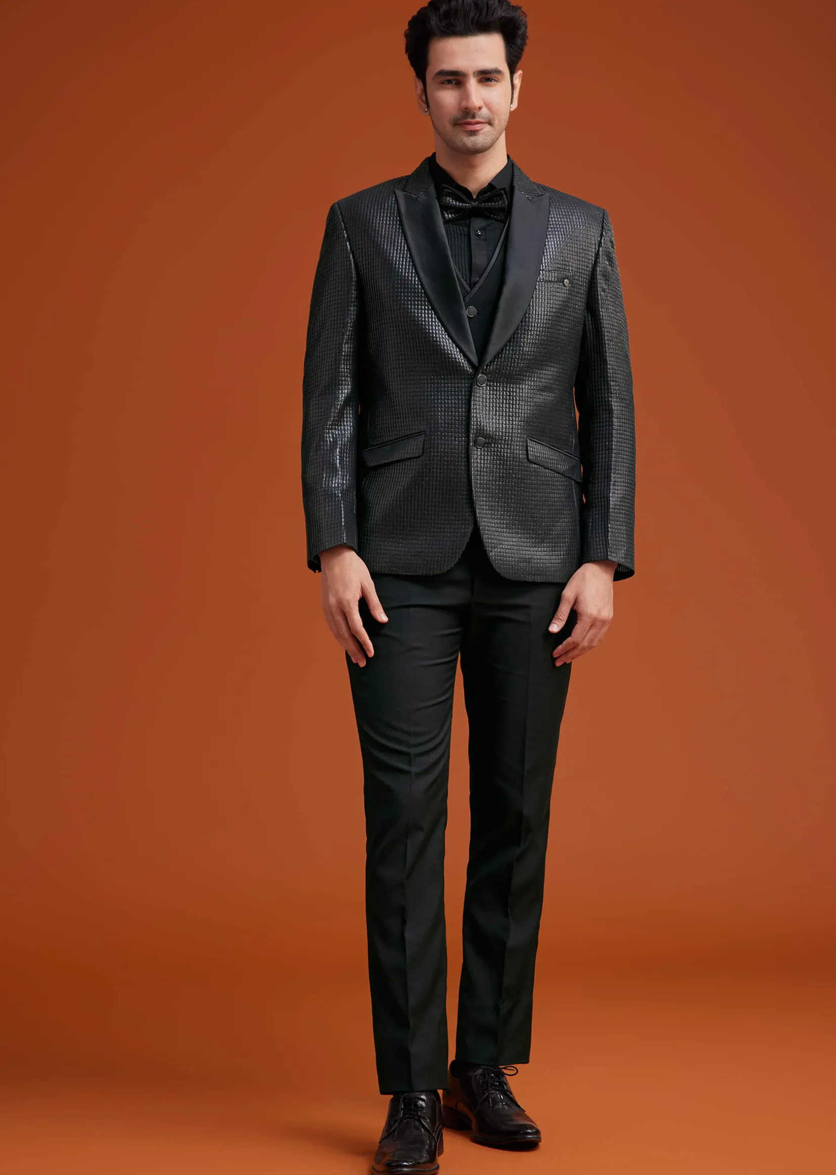 Black Textured Tuxedo With Satin Peak Lapels