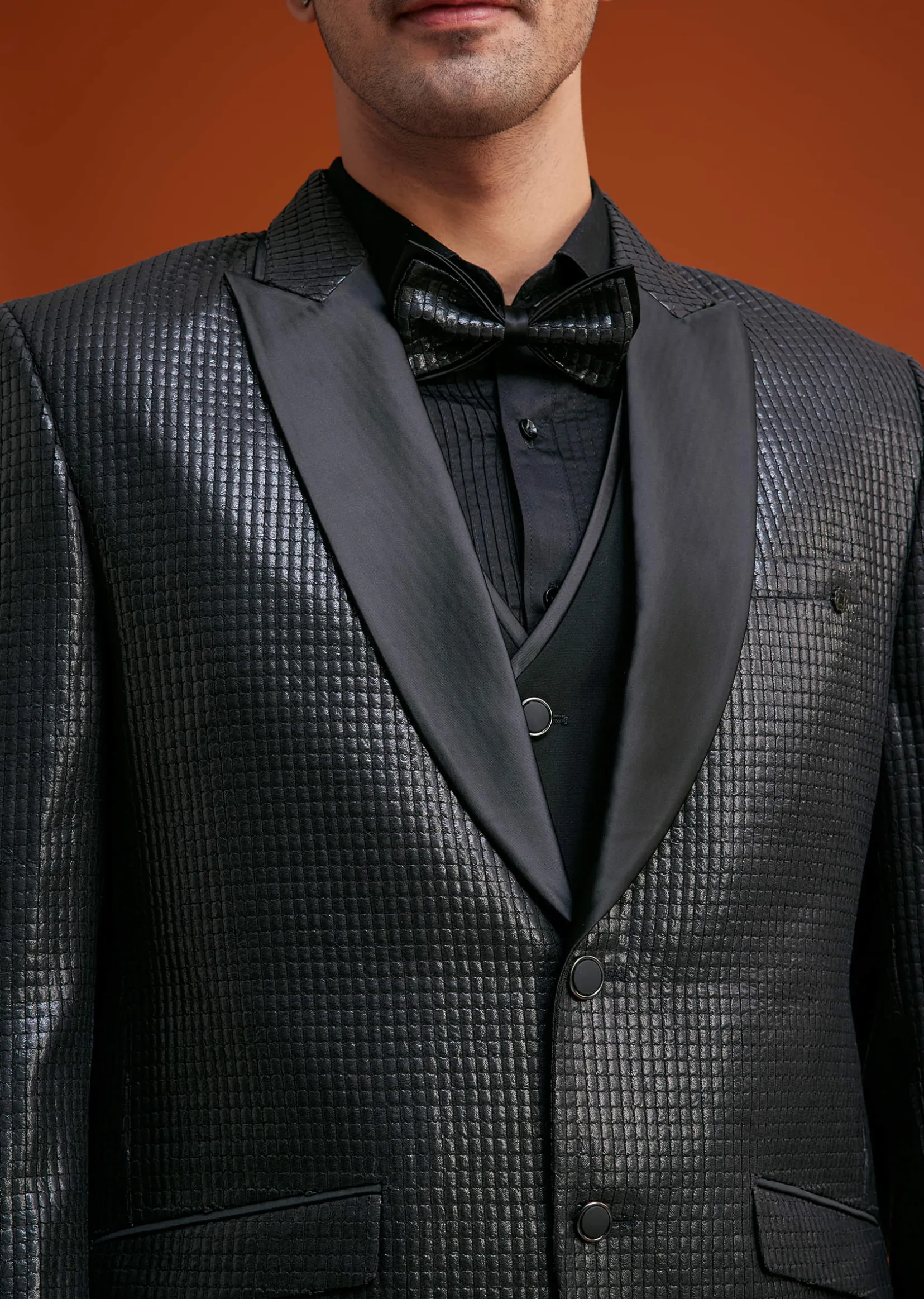 Black Textured Tuxedo With Satin Peak Lapels