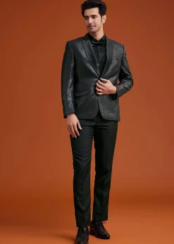 Black Textured Tuxedo With Satin Peak Lapels