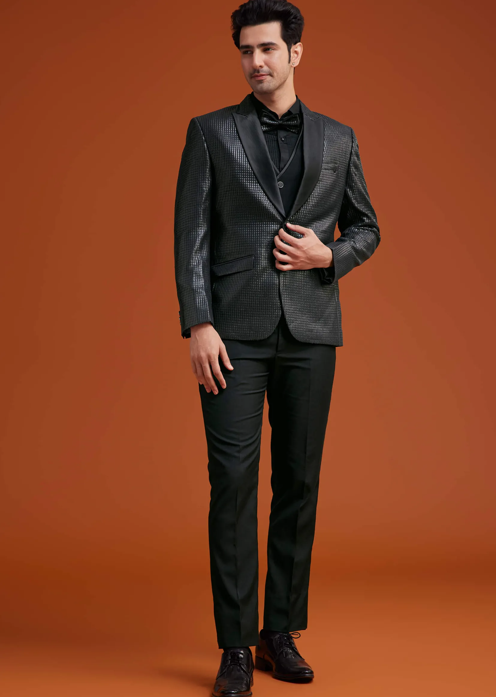 Black Textured Tuxedo With Satin Peak Lapels