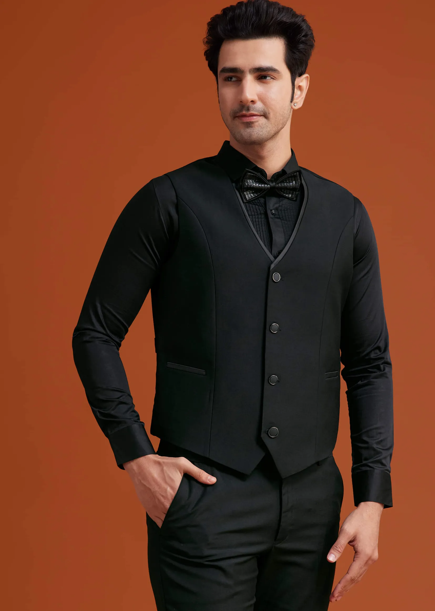 Black Textured Tuxedo With Satin Peak Lapels