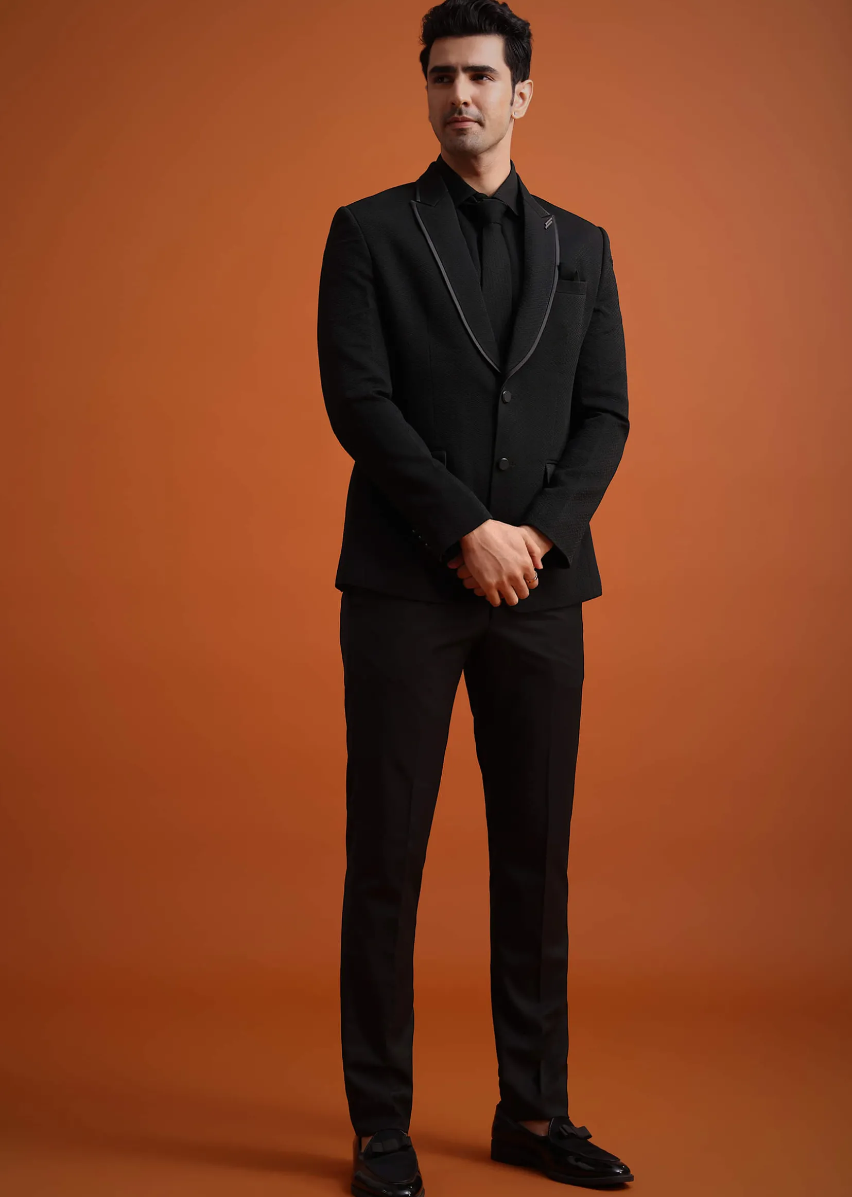 Black Tuxedo And Shirt Set With Pocket Square