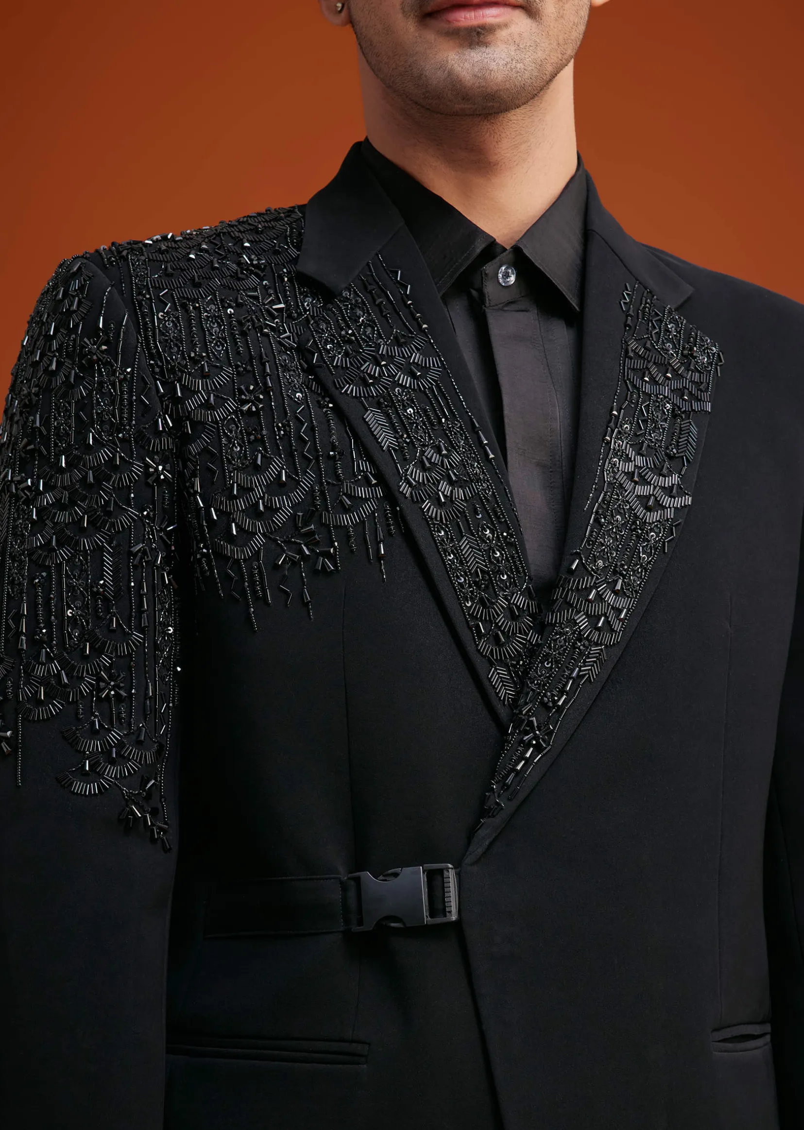 Black Tuxedo With Asymmetric Beaded Embellishments