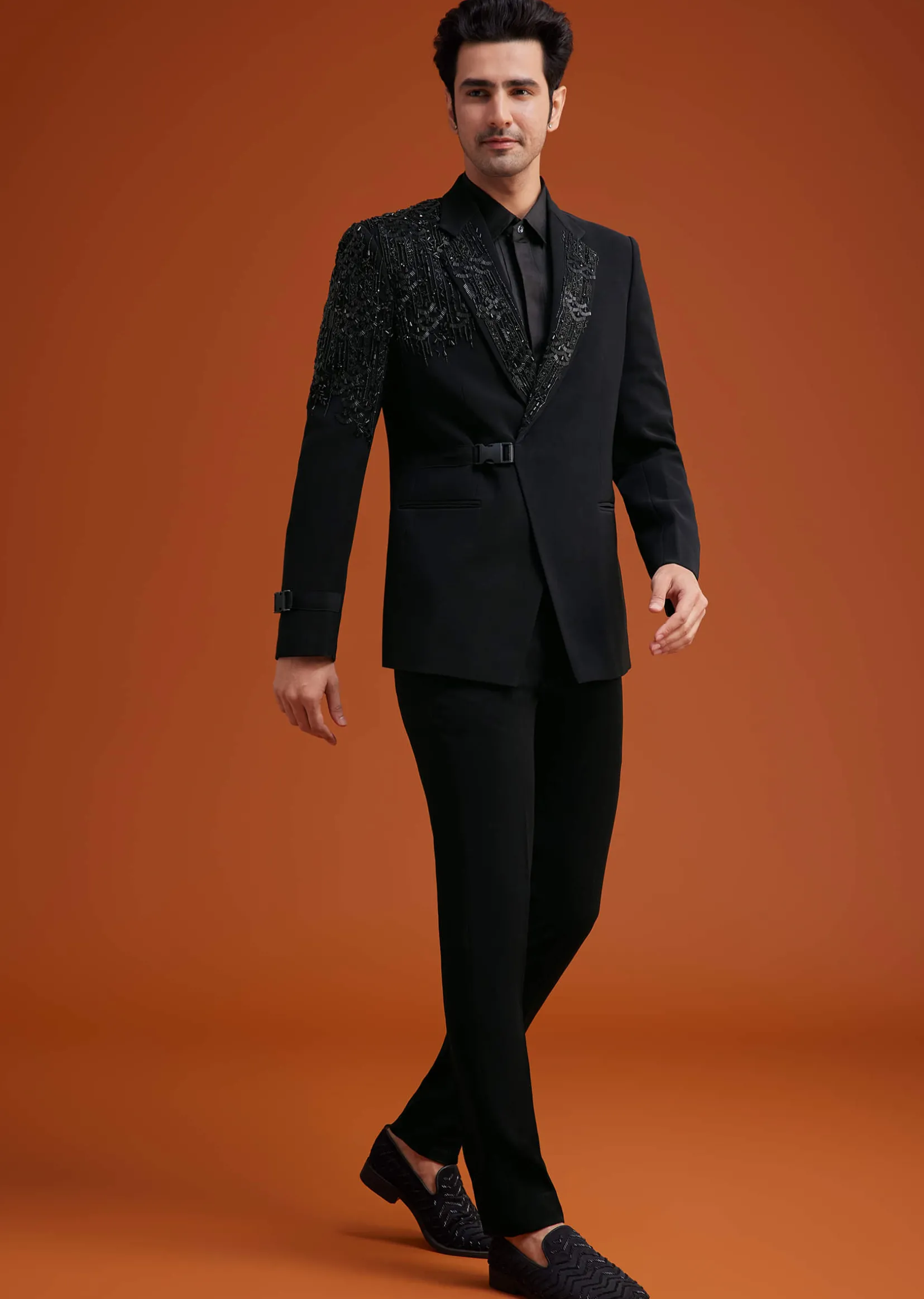 Black Tuxedo With Asymmetric Beaded Embellishments