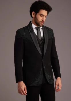 Black Tuxedo With Beaded Shoulder Detailing And Satin Lapel