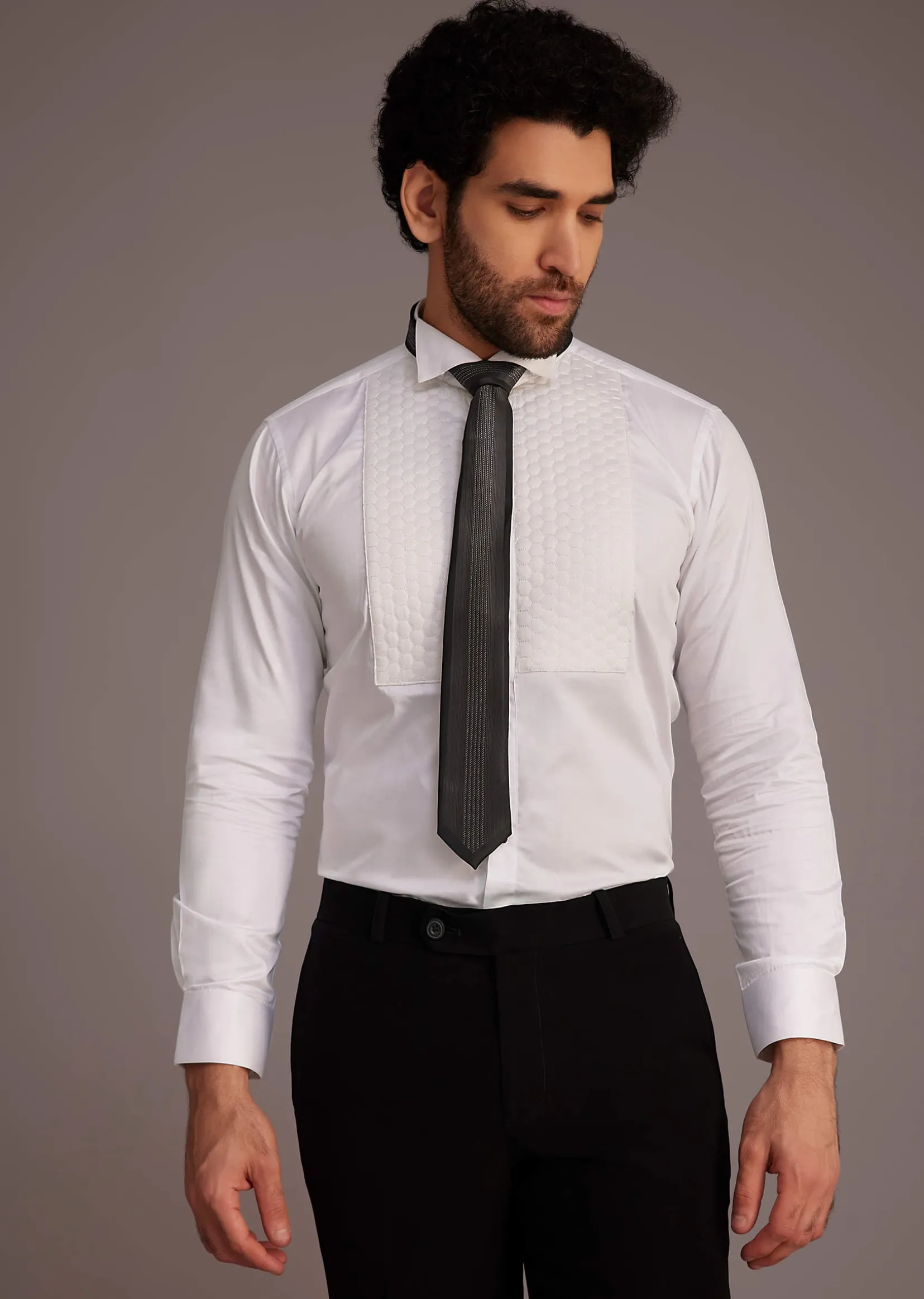 Black Tuxedo With Beaded Shoulder Detailing And Satin Lapel