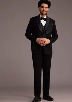 Black Tuxedo With Beaded Embellishments And Satin Lapel