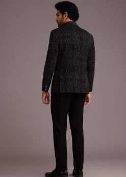 Black Tuxedo With Embellished Jacket And Satin Lapel