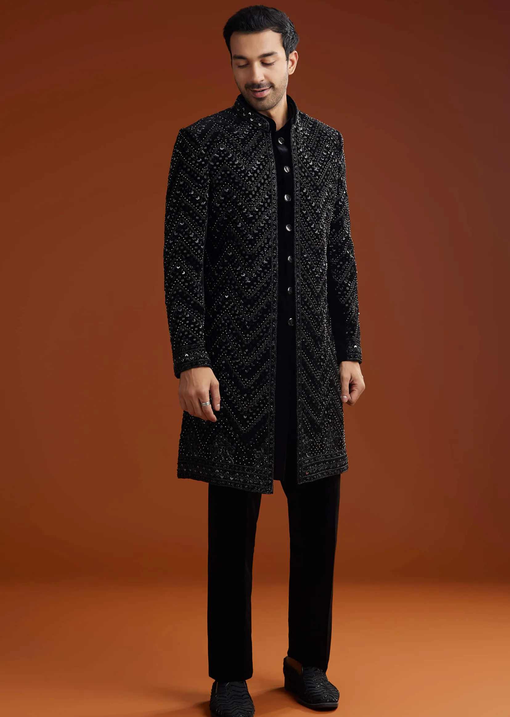 Black Velvet Embellished Indo Jacket Set