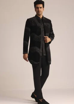 Black Velvet Indo Western Set With Zardosi Detailing