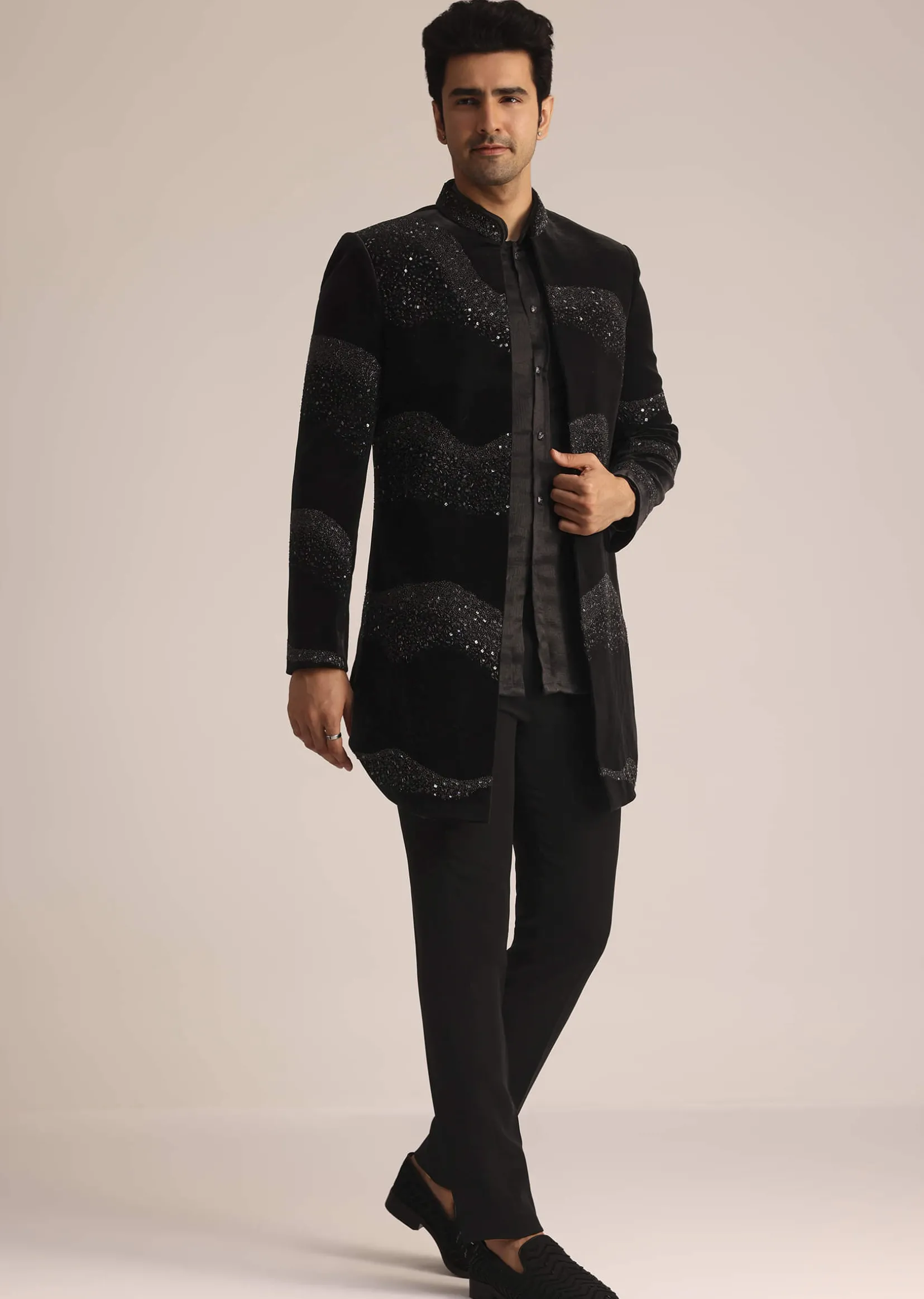 Black Velvet Indo Western Set With Zardosi Detailing