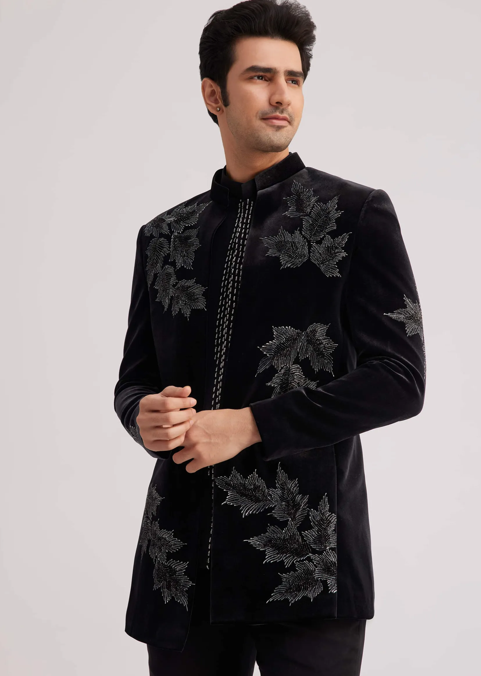 Black Velvet Indo Western Set With Abstract Motif And Cut Dana Work