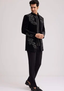 Black Velvet Indo Western Set With Abstract Motif And Cut Dana Work