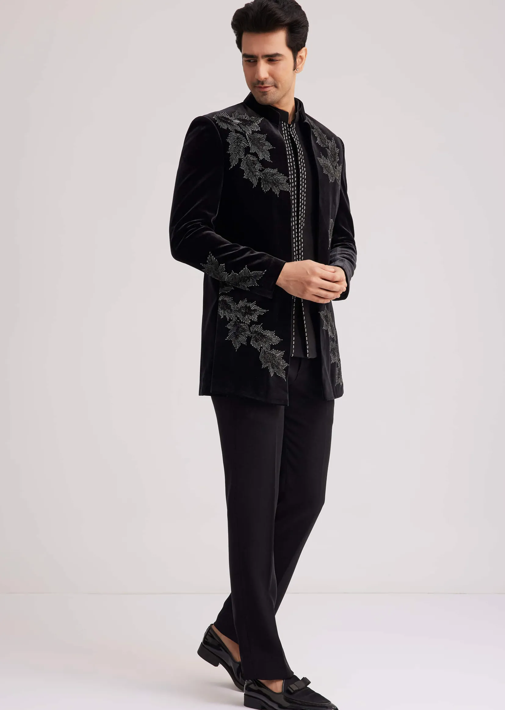 Black Velvet Indo Western Set With Abstract Motif And Cut Dana Work
