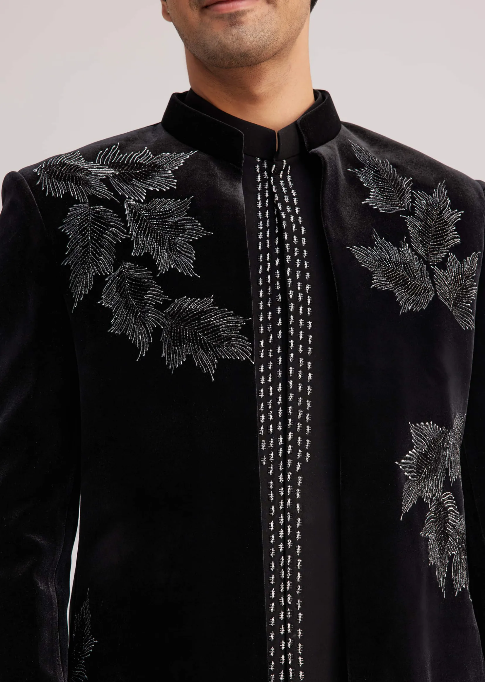 Black Velvet Indo Western Set With Abstract Motif And Cut Dana Work