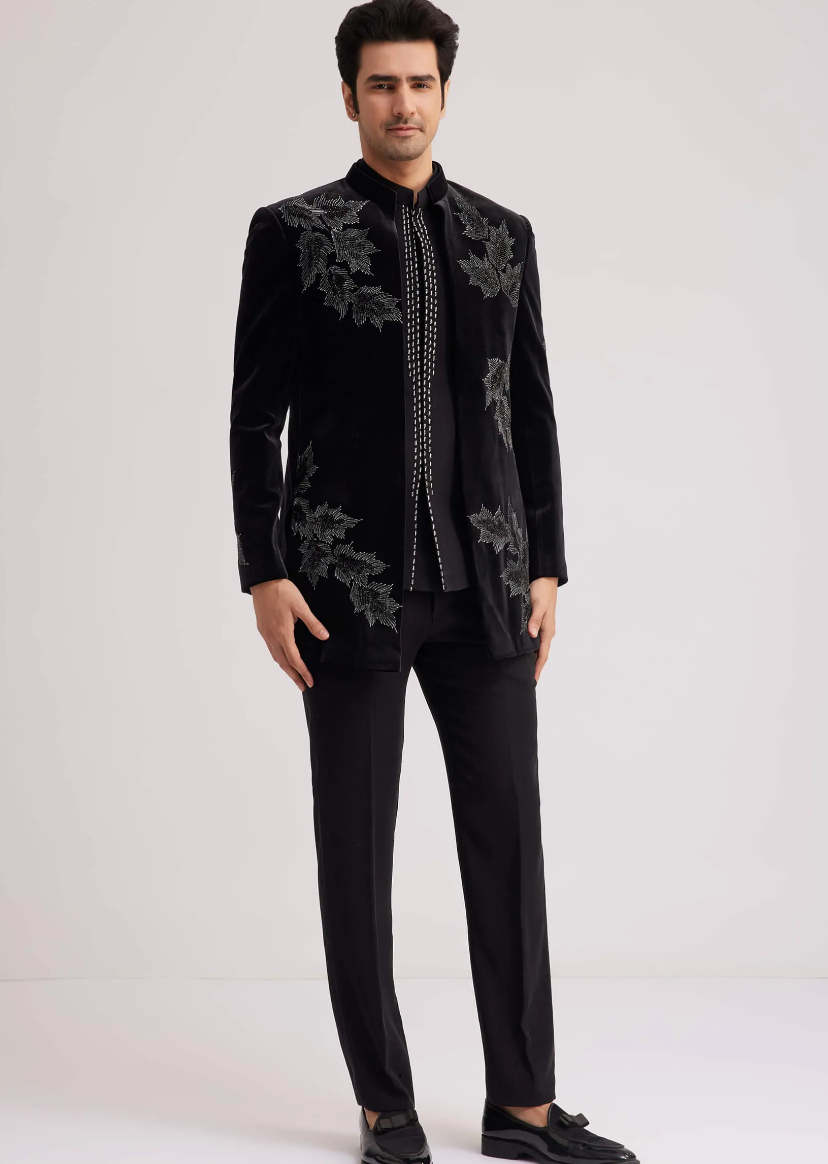 Black Velvet Indo Western Set With Abstract Motif And Cut Dana Work