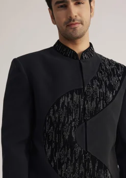 Black Velvet Indowestern Set With Cut Work Embroidery