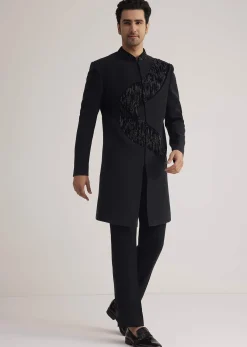 Black Velvet Indowestern Set With Cut Work Embroidery