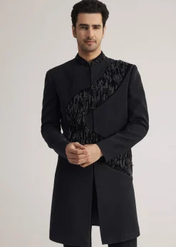 Black Velvet Indowestern Set With Cut Work Embroidery