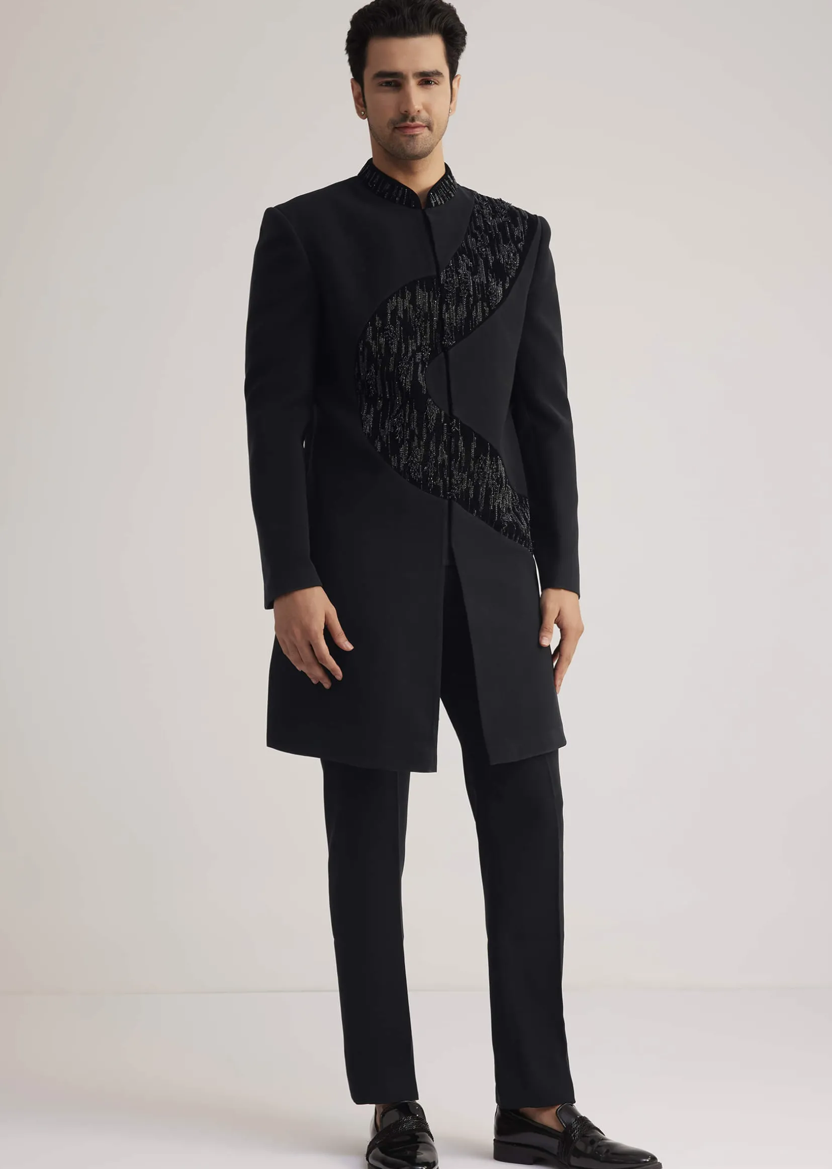Black Velvet Indowestern Set With Cut Work Embroidery