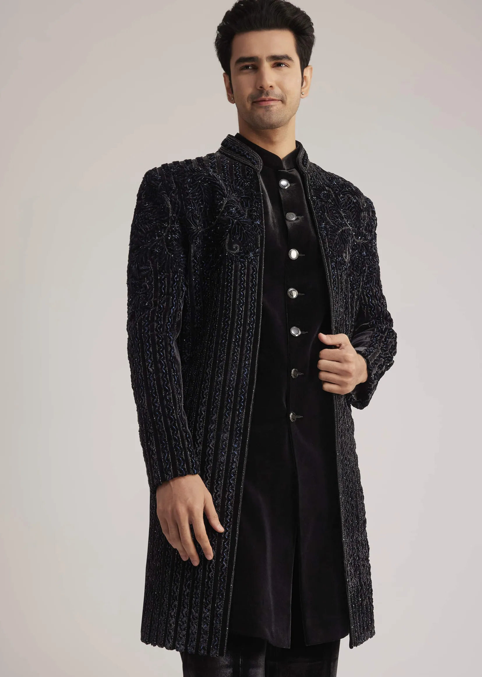 Black Velvet Indowestern Set With Cut Dana Embellishment
