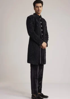 Black Velvet Indowestern Set With Cut Dana Embellishment