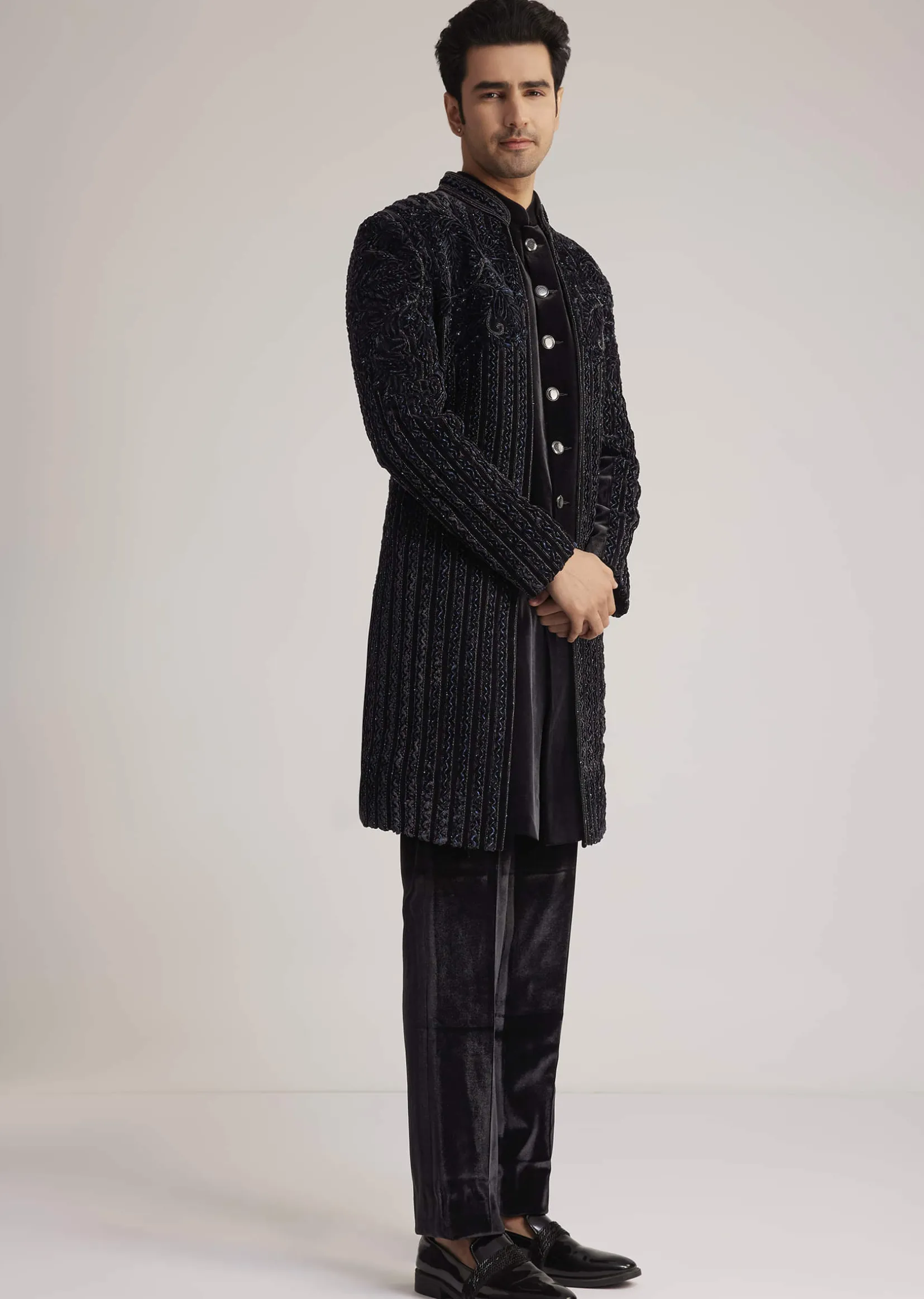 Black Velvet Indowestern Set With Cut Dana Embellishment