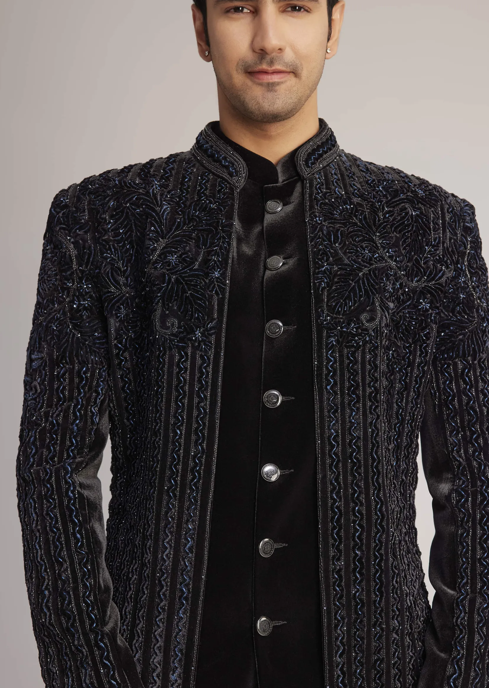Black Velvet Indowestern Set With Cut Dana Embellishment