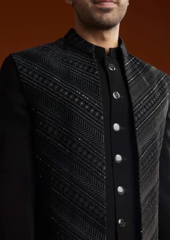 Black Velvet Open Indo Jacket Set With Embroidery