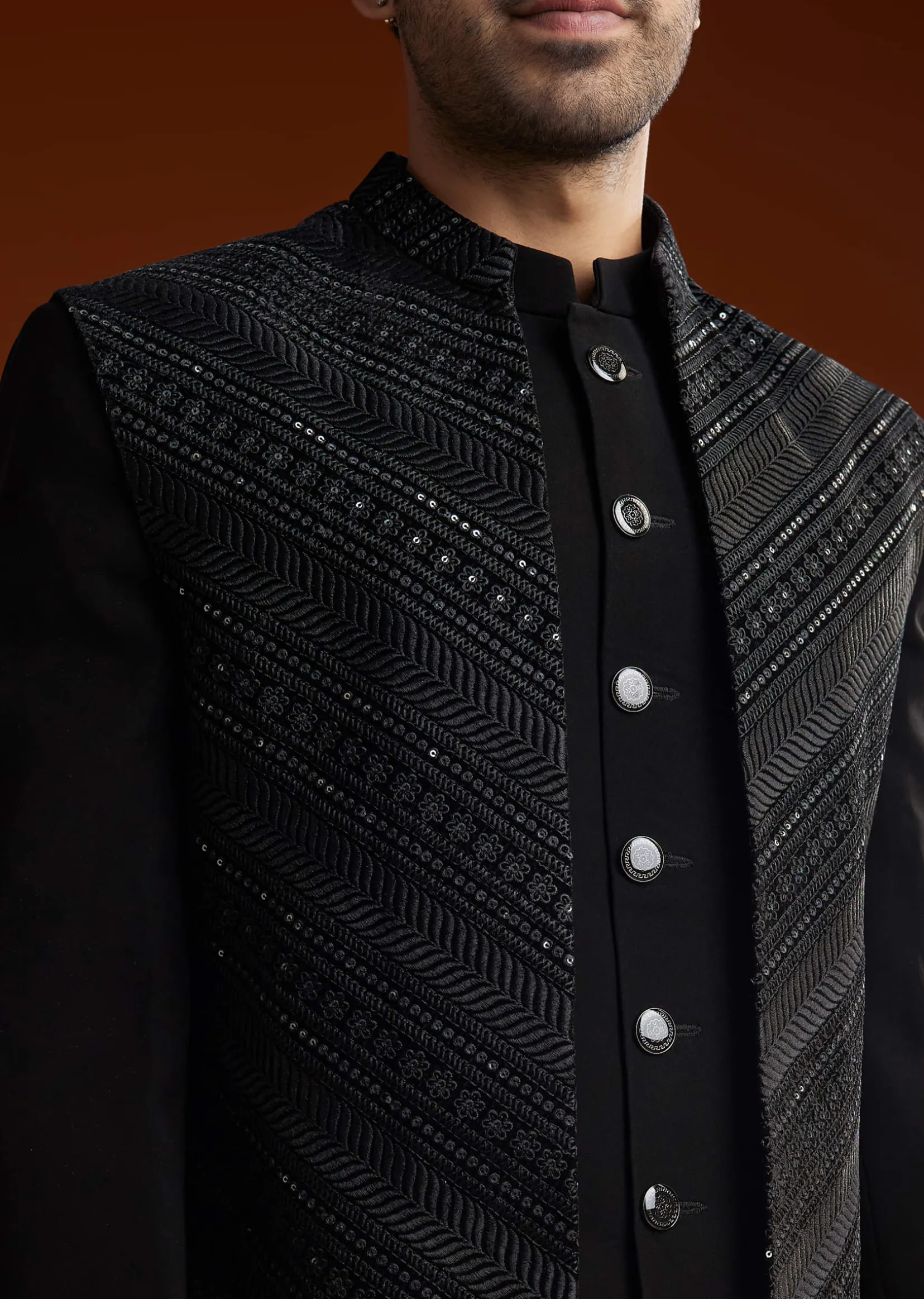 Black Velvet Open Indo Jacket Set With Embroidery