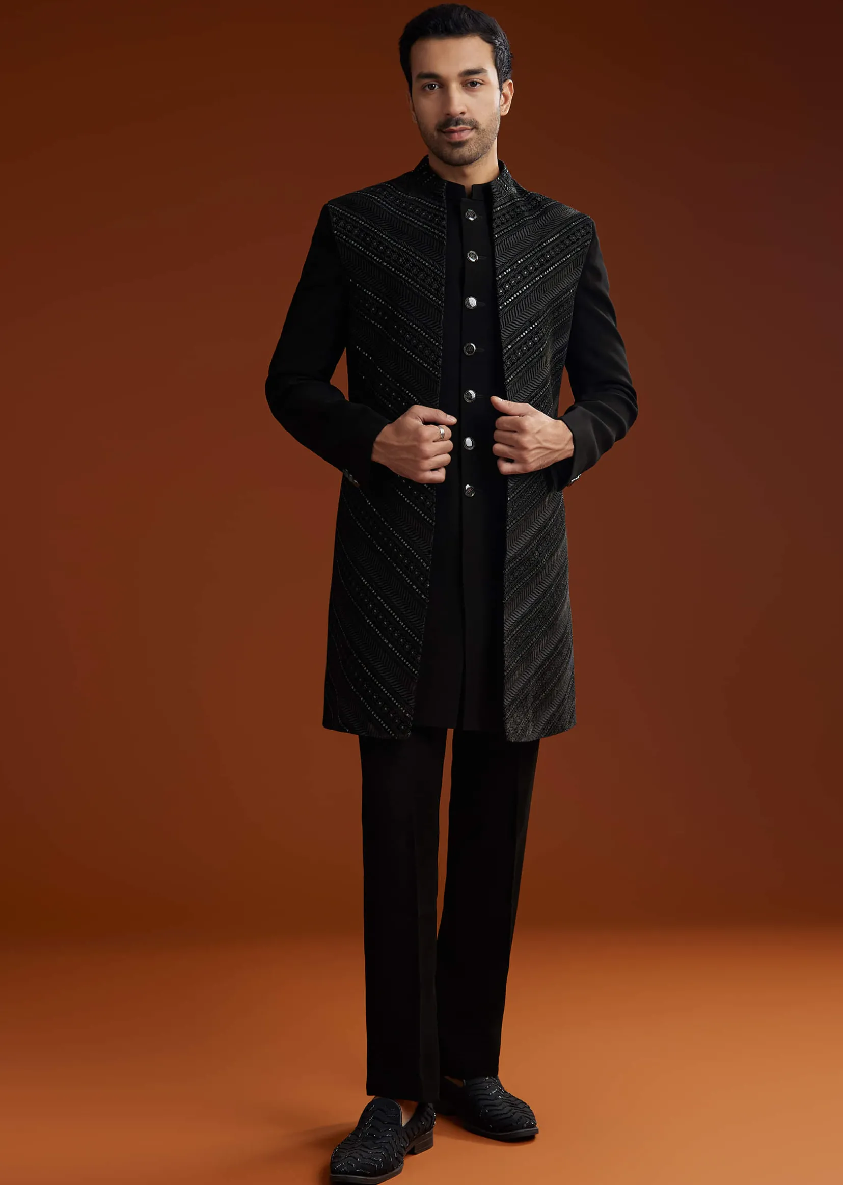 Black Velvet Open Indo Jacket Set With Embroidery