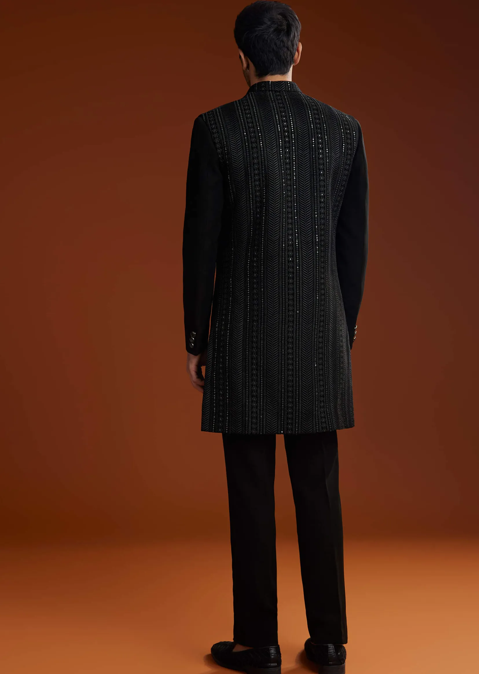 Black Velvet Open Indo Jacket Set With Embroidery