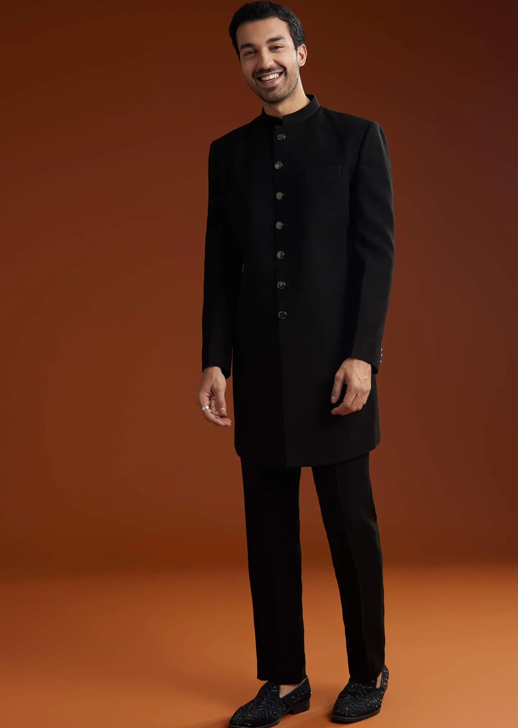 Black Velvet Open Indo Jacket Set With Embroidery
