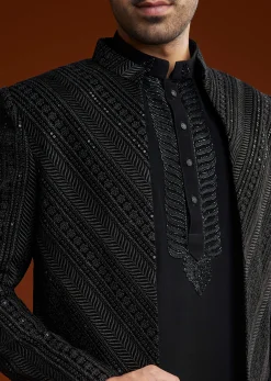 Black Velvet Open Indo Jacket Set With Cutdana Work