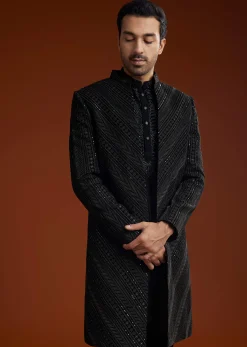 Black Velvet Open Indo Jacket Set With Cutdana Work